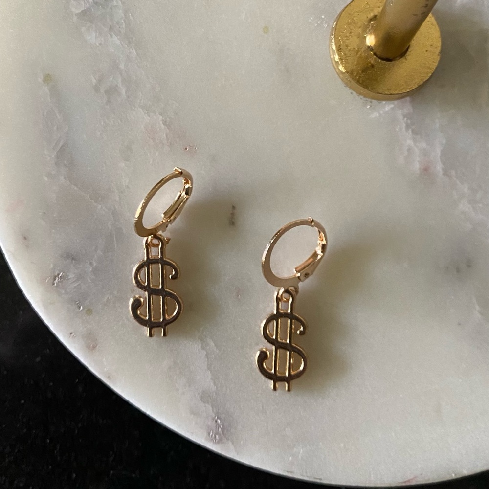 NWT $ Money Sign Gold Charm Huggie Earrings